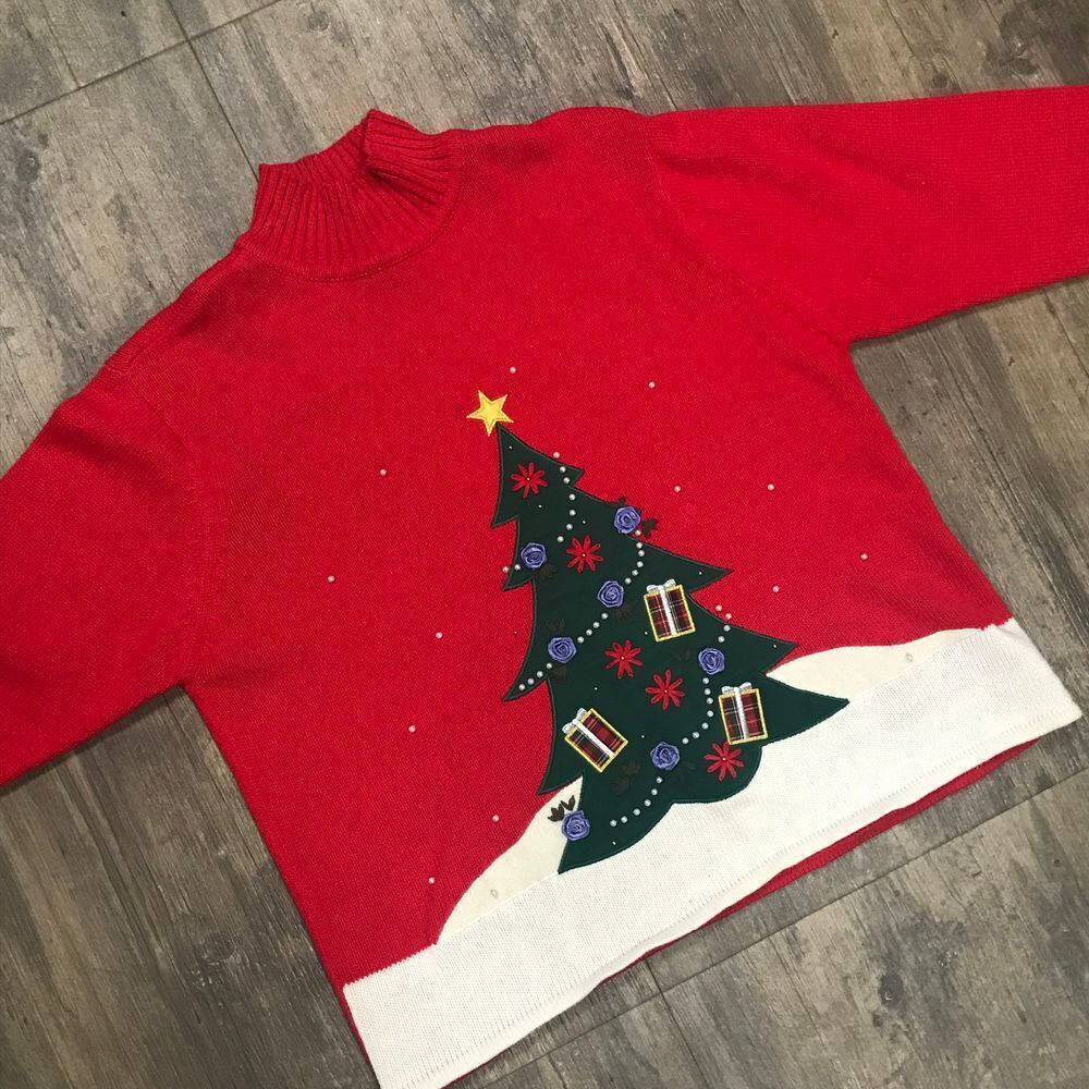 Vintage Crystal Kobe Christmas Tree Sweater Women Size XL Red Pearl‎ Beads